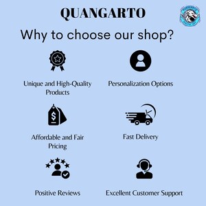 May include: A light blue graphic with the text "QUANGARTO" at the top, followed by "Why to choose our shop?" and icons representing unique products, personalization, affordable pricing, fast delivery, positive reviews, and excellent customer support.