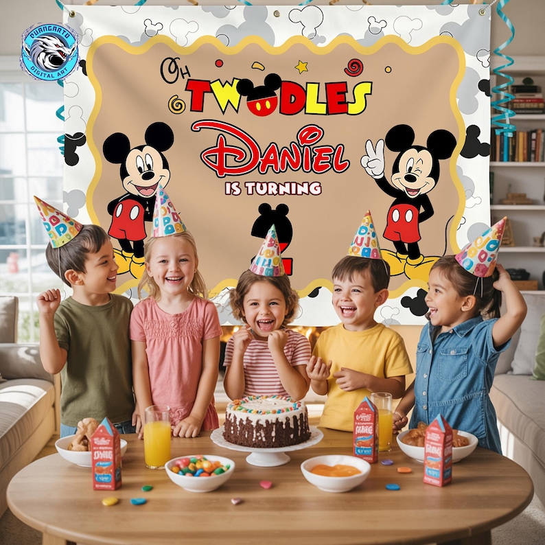 May include: A rectangular party backdrop featuring a tan center with a scalloped yellow border, decorated with two Mickey Mouse illustrations, the text "Oh Twodles", "Daniel is turning", and a large number "2" in black silhouette.