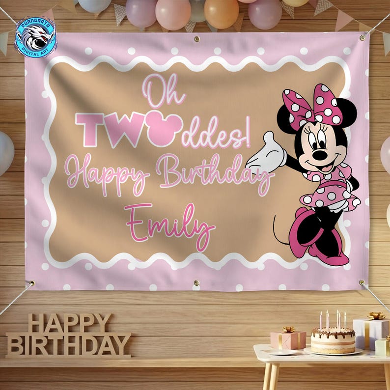 May include: A rectangular pink and tan birthday banner featuring a white scalloped border and white polka dots. The text reads Oh TWOoddes! Happy Birthday Emily. A graphic of Minnie Mouse wearing a pink polka dot dress and bow is on the right.