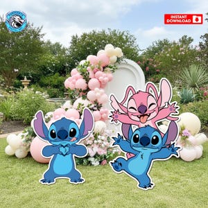 May include: Three cartoon character cutouts of Stitch and Angel, in blue and pink, are displayed on a lawn. The background features a floral arch with pink and white balloons, and the words "Instant Download".