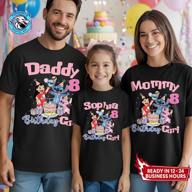 Camisetas familiares personalizadas de cumpleaños de Lilo y Stitch, camisetas personalizadas con nombre y edad. imagen 1