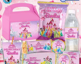 May include: A set of pink and purple princess-themed party favor boxes, bags, and labels. The labels feature a castle, princesses, and the text "Happy 2nd Birthday Danisa".
