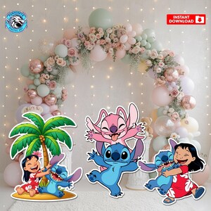 May include: Cutout decorations featuring characters from the animated film Lilo & Stitch. The image includes Stitch, Lilo, and Angel, with a palm tree and a floral archway in the background. The decorations are in vibrant colors and are suitable for a party.