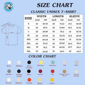 Puede incluir: Una tabla de tallas para una camiseta unisex cl&aacute;sica, con medidas en pulgadas y cm. La tabla incluye tallas S a 5XL, con medidas de ancho, largo y manga. Una carta de colores muestra varias opciones de color, incluyendo Blanco, Black Leopard y Rainbow.