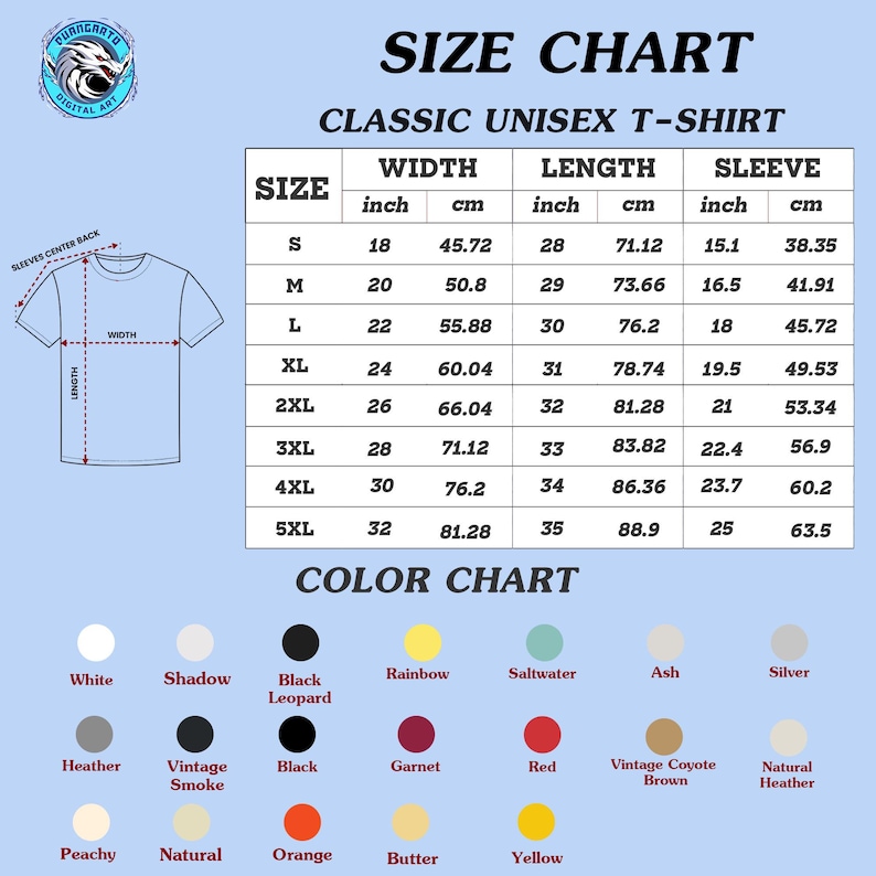 Puede incluir: Una tabla de tallas para una camiseta unisex cl&aacute;sica, con medidas en pulgadas y cm. La tabla incluye tallas S a 5XL, con medidas de ancho, largo y manga. Una carta de colores muestra varias opciones de color, incluyendo Blanco, Black Leopard y Rainbow.