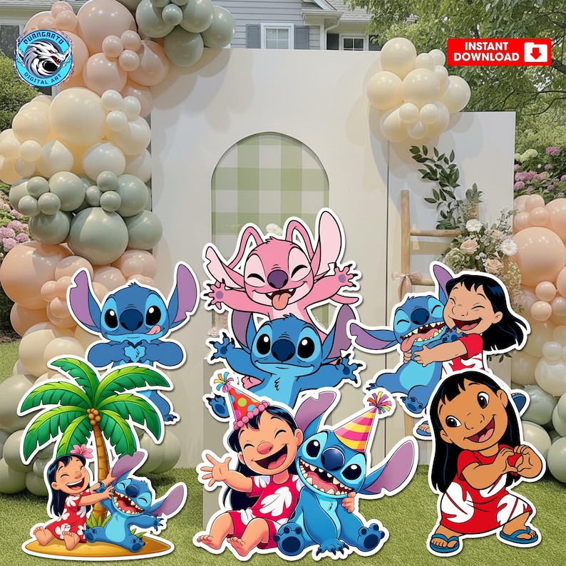 May include: A collection of colorful, die-cut character cutouts featuring Stitch and Lilo from the animated movie. The characters are in various poses, with the words "Instant Download" in the top right corner.