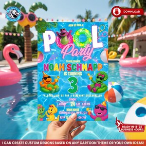 Peut inclure: Une invitation colorée pour une fête au bord de la piscine avec des personnages de dessins animés, avec le texte "Pool Party" et les détails pour le 3e anniversaire de Noah Schnapp. L'invitation comprend la date, l'heure et le lieu.