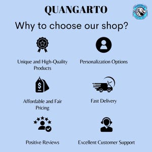 May include: A light blue graphic with the text "QUANGARTO" and "Why to choose our shop?" followed by icons and text describing the shop's features: unique products, personalization, affordable pricing, fast delivery, positive reviews, and excellent customer support.