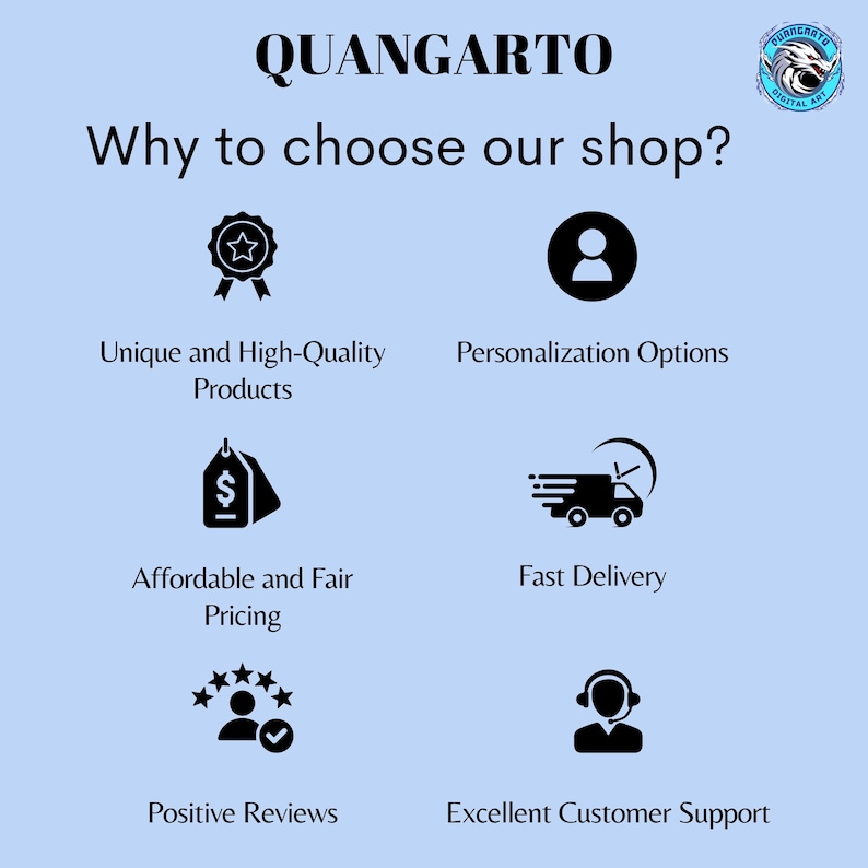 May include: A light blue graphic with the text "QUANGARTO" and "Why to choose our shop?" followed by icons and text describing the shop's features: unique products, personalization, affordable pricing, fast delivery, positive reviews, and excellent customer support.