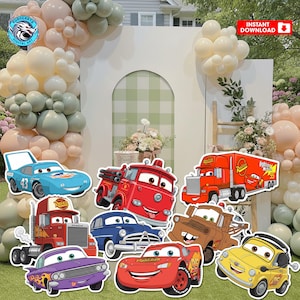 May include: A selection of Cars movie character cutouts, such as Lightning McQueen and Mater, displayed on grass. The background features balloons and an archway. The image includes the text "Instant Download".