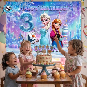 May include: A birthday party scene with a banner that says "Happy Birthday" and features characters from the movie Frozen. Three young children are gathered around a table with a cake and cupcakes. The cake is decorated with stars and the number 3.