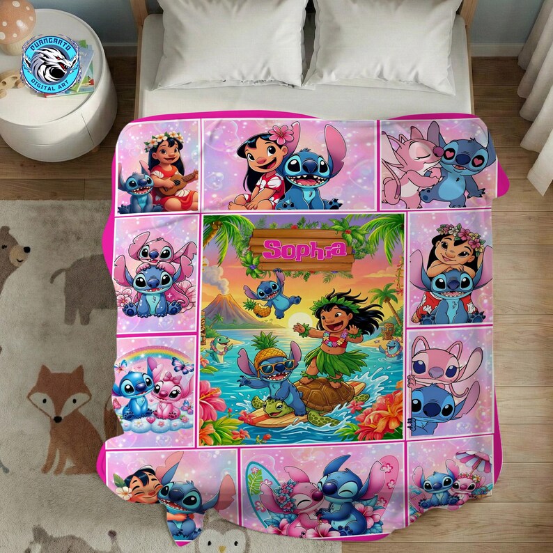 May include: A pink and white blanket featuring various images of the characters Lilo and Stitch. The blanket has a collage design with images of the characters in different poses and settings. The name "Sophia" is displayed on a wooden sign.