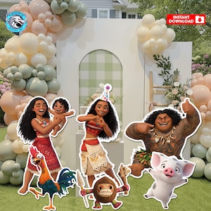 May include: Digital art featuring characters from the animated movie, Moana. The image includes cutouts of Moana, Maui, Hei Hei, Pua, and other characters, with a backdrop of balloons and party decorations. Text reads "Instant Download".