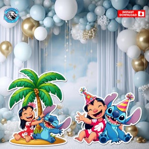 May include: Digital art featuring Lilo and Stitch characters in a party setting. The image includes cutouts of Lilo and Stitch, a palm tree, and a backdrop of balloons in white, gold, and blue. The words "Instant Download" are visible.