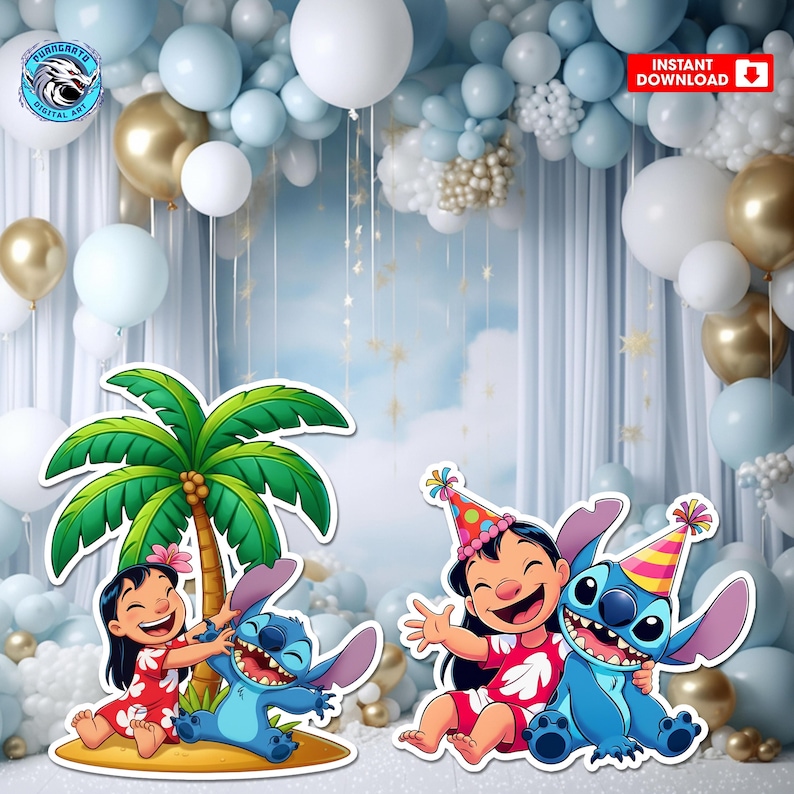 May include: Digital art featuring Lilo and Stitch characters in a party setting. The image includes cutouts of Lilo and Stitch, a palm tree, and a backdrop of balloons in white, gold, and blue. The words "Instant Download" are visible.