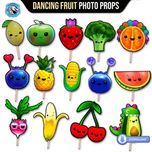 Hey Bear Sensorische Obst 1. Geburtstag Dekorationen Instant Download, Geburtstag Photobooth Requisiten für Kinder druckbare, tanzende Obst Geburtstag Dekor