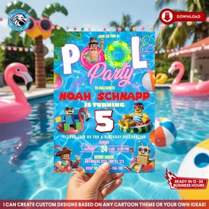 May include: A pool party invitation with a blue background and the words "Pool Party" in large white letters. The invitation includes the text "Noah Schnapp is turning 5" and details for a birthday celebration on August 24th.
