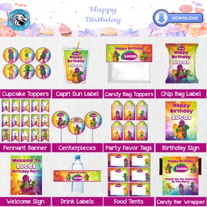 Barney-Geburtstags-Party-Bundle Digitaler Download, benutzerdefinierte Dinosaurier-Geburtstags-Dekor für Kinder druckbare, lila Dinosaurier Baney Mitbringsel
