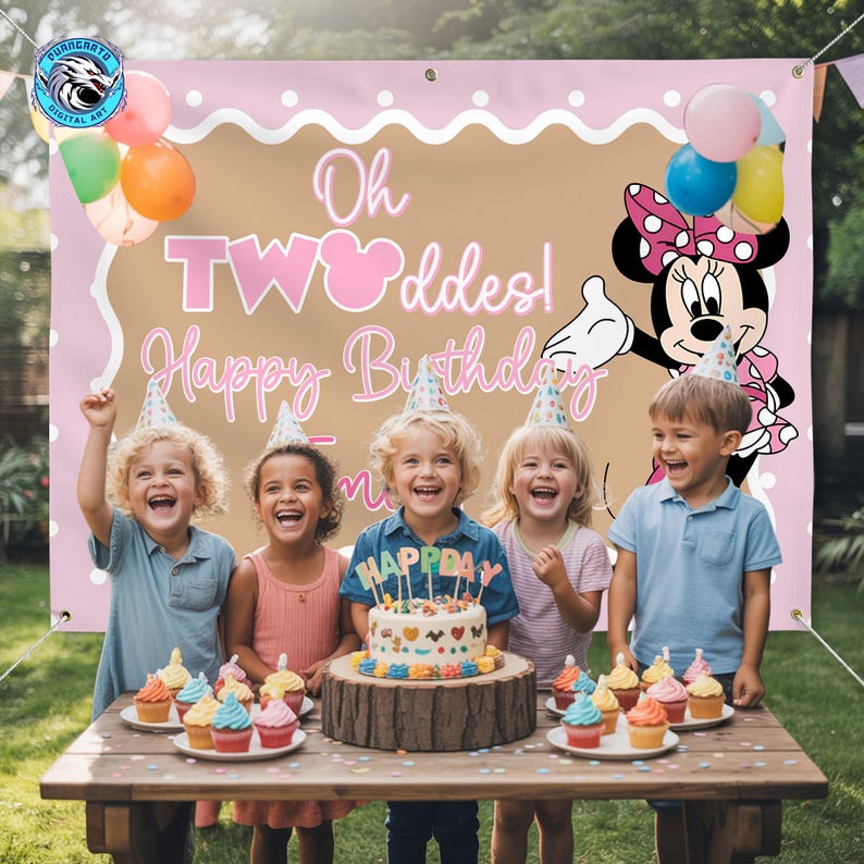 May include: A rectangular birthday party backdrop featuring a light pink border with white polka dots, a tan center, and the text Oh TWOoddes! Happy Birthday. A cartoon mouse character is on the right, and colorful balloons are in the corners.