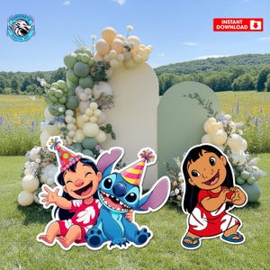 May include: Cutout decorations featuring Lilo and Stitch characters, perfect for a party. Lilo and Stitch are wearing party hats and red dresses. The background includes balloon arches and the words "Instant Download".