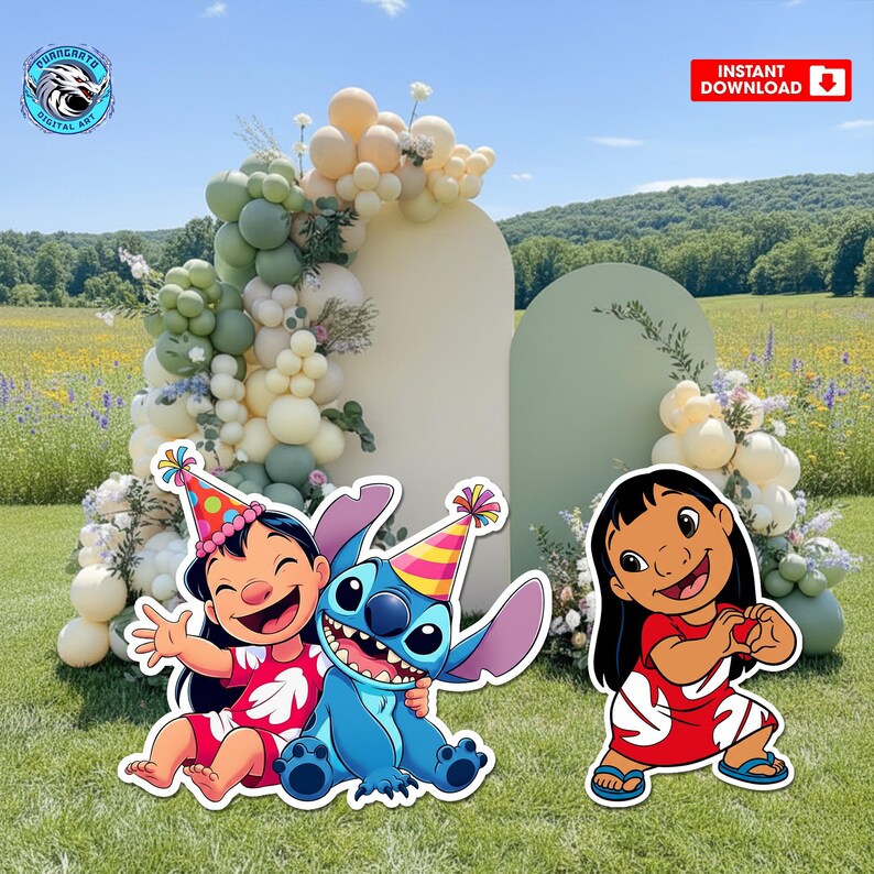 May include: Cutout decorations featuring Lilo and Stitch characters, perfect for a party. Lilo and Stitch are wearing party hats and red dresses. The background includes balloon arches and the words "Instant Download".