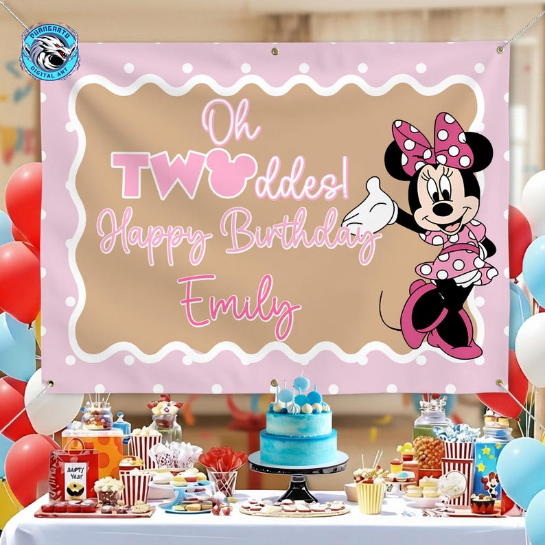 Personalized Minnie Mouse Party Backdrop, Pink Polka Dot Birthday Decor image 7