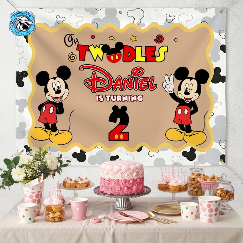 May include: A rectangular birthday party backdrop featuring a tan center with a scalloped gold border, displaying the text "Oh Twodles Daniel is turning 2" alongside two Mickey Mouse illustrations, set against a white background with gray mouse ears.