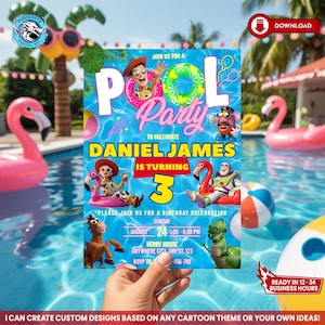 May include: A pool party invitation featuring the text "Pool Party" and "Daniel James is turning 3". The invitation includes cartoon characters and pool-themed graphics. The background shows a pool with inflatable toys and palm trees.