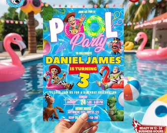 トイ・ストーリー プールパーティー招待状、カスタム誕生日招待状（デジタルダウンロード）