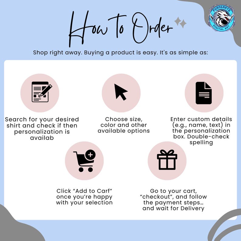 May include: An infographic with the text "How to Order" and instructions for purchasing a product. Steps include searching for a shirt, choosing options, entering details, adding to cart, and checking out. A digital art logo is in the upper right corner.