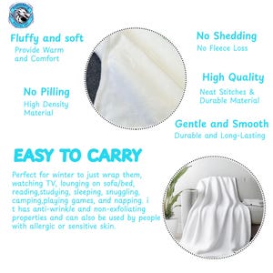 May include: A white, fluffy blanket with text describing its features: soft, no pilling, easy to carry, and high quality. The blanket is shown draped over a sofa. The blanket is designed for warmth and comfort.