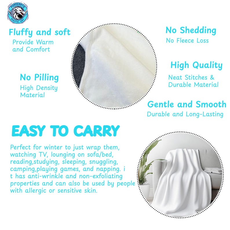 May include: A white, fluffy blanket with text describing its features: soft, no pilling, easy to carry, and high quality. The blanket is shown draped over a sofa. The blanket is designed for warmth and comfort.