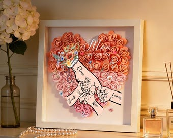 Rose Shadow Box zum Muttertag, benutzerdefinierte herzförmige Blumen Shadowbox, Handhalterahmen mit Kindernamen, Muttertagsgeschenk für Mama Nana Oma