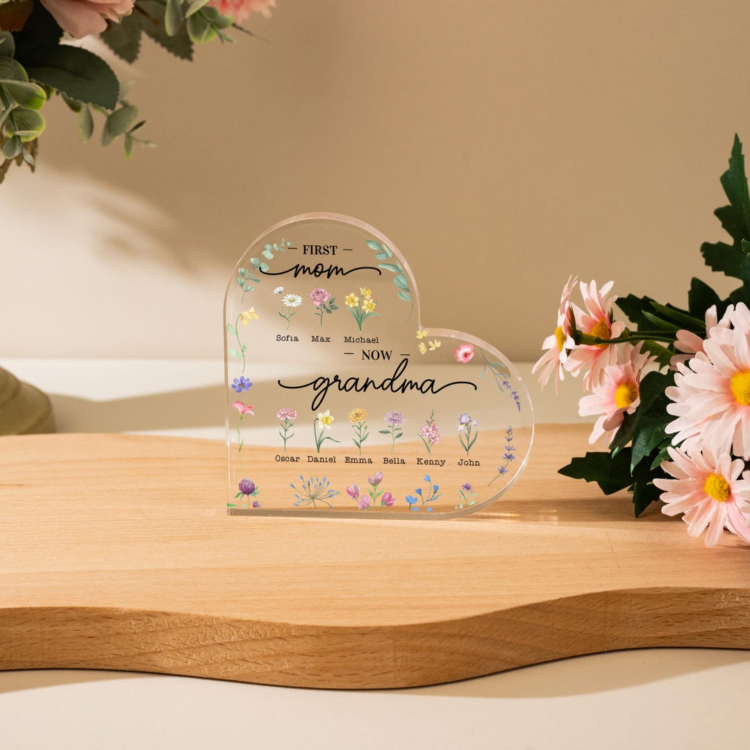 Personalized First Mom, Now Grandma Heart Acrylic Plaque,birth Month ...