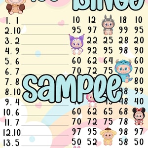 以下が含まれることがあります： 上部に「100 BINGO」の文字が入ったカラフルなビンゴカード。カードには漫画のキャラクターのイラストと数字が描かれています。「SAMPLE」の文字が中央に書かれています。Etsyショップの名前が一番下にあります。