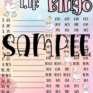 May include: A pink and white bingo card with a duck theme. The card has numbers from 65 to 1015. The card is titled "1.1k Bingo".
