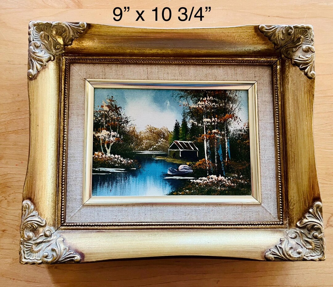 Vintage Landscape With Snowy Mountain and Cabin Oil Painting in Gold ...