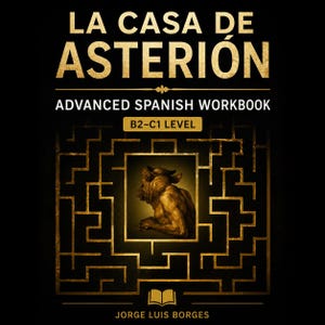 Puede incluir: Una portada de libro negra titulada LA CASA DE ASTERIÓN ADVANCED SPANISH WORKBOOK B2-C1 LEVEL por JORGE LUIS BORGES. El diseño presenta texto dorado y un patrón de laberinto dorado que rodea una ilustración central de un minotauro.