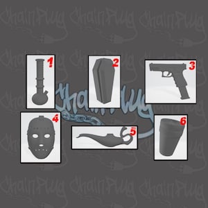 May include: A set of six gray 3D printed objects, including a bong, a coffin, a handgun, a hockey mask, a genie lamp, and a cup. The objects are arranged in a grid pattern on a gray background.