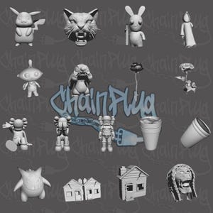 May include: A collection of 3D printed figurines, including a cat, a rabbit, a ghost, a flower, a house, a cup, and a character from the video game "Among Us". The figurines are all white and are arranged on a gray background.