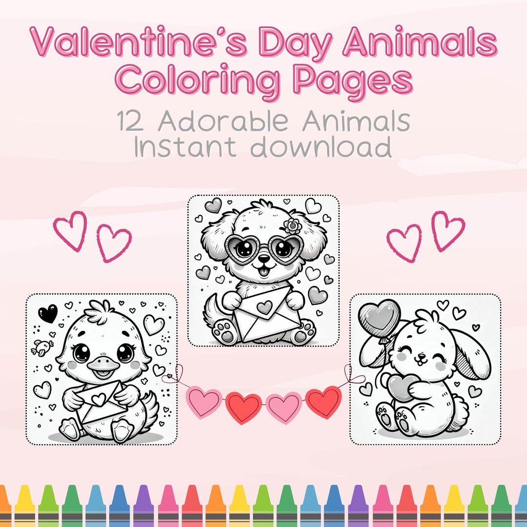 12 Valentine's Day Animal Coloring Pages - Instant Download, Printable ...
