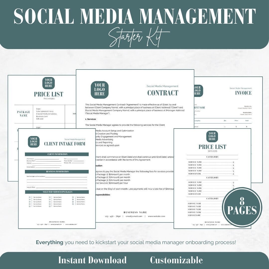 Professional Social Media Management Starter Kit: Editable Canva Templates for Contracts, Price ...