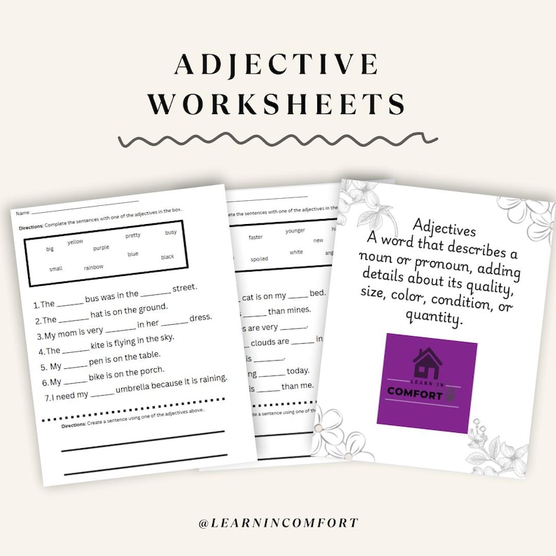 Adjective Annotating Worksheet.pdf 7 Pages of Printable Adjective Worksheets With Answer Sheet - Etsy