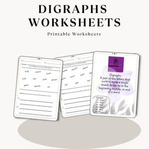 May include: Three digital worksheets with the title "DIGRAPHS WORKSHEETS" and the subtitle "Printable Worksheets". The worksheets feature word lists and exercises for digraphs. One worksheet has a purple logo with the word "COMFORT".
