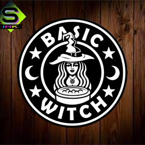 May include: Black and white graphic design with the text "Basic Witch" in a circle. A witch with a pointed hat and a cauldron is in the center of the circle.