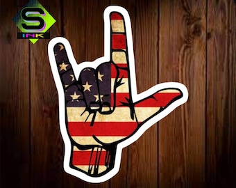 I Love America, American Flag Hand, Vinyl Decal Sticker