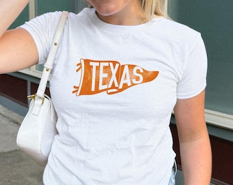 Texas Baby Tee Womens Fitted Shirt Vintage Look Burnt Orange  Football Fan Game Day, Saturday Night Lights Game Day Graphic Tee UT Shirt