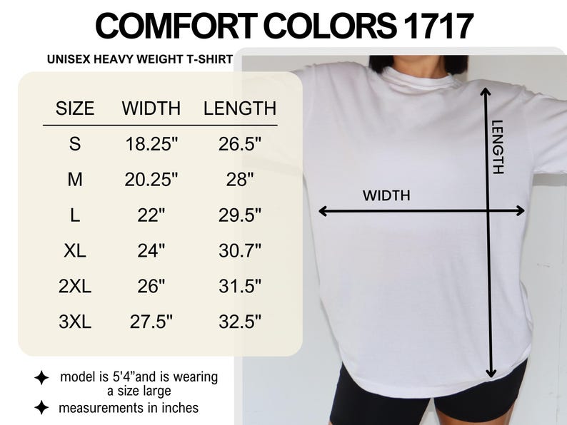 Pode incluir: Camiseta branca Comfort Colors 1717 unissex de peso pesado. A tabela de tamanhos mostra as medidas de largura e comprimento em cm para os tamanhos S a 3XL. A modelo tem 1,63 m e veste tamanho G. A camisa &eacute; mostrada com shorts pretos.