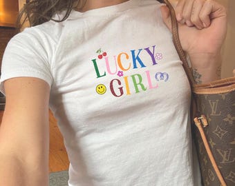 Lucky Girl Baby Tee Vintage Effect Trendy Gift for Her Y2K Trendy Tee