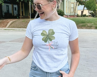St. Patrick's Day Irish Baby Tee Good Luck, Lucky Girl Four Leaf Clover T-shirt for Women St Paddys Irish Shirt y2K tee